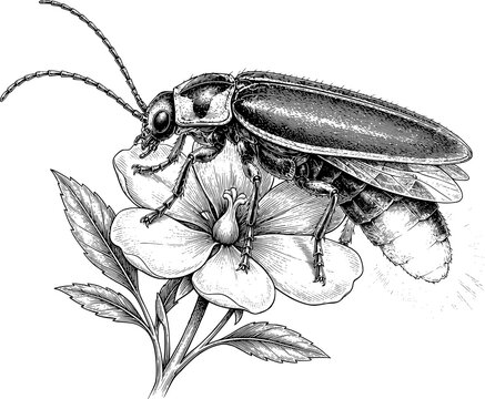 Firefly Resting on Wildflower, Hand Drawn Black and White Engraving Style Insect Illustration