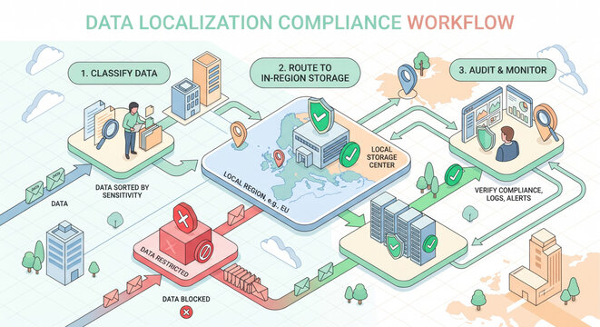 Workflow poster: data localization compliance steps; classify, map, encrypt, restrict transfer, audit.