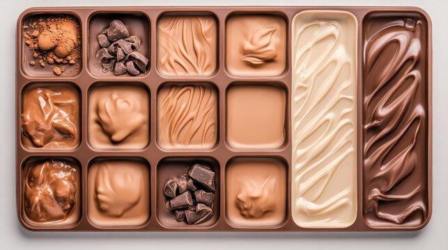 Assorted delicious chocolates in a brown candy box. Rich dark milk white sweets with creamy centers, cocoa powder, and solid pieces arranged.