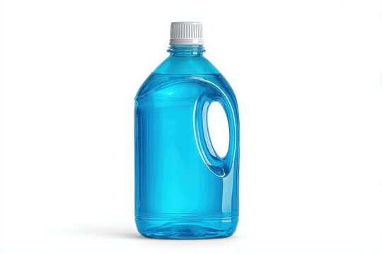 A clear blue liquid fills a transparent plastic bottle with an ergonomic handle, ready for use.