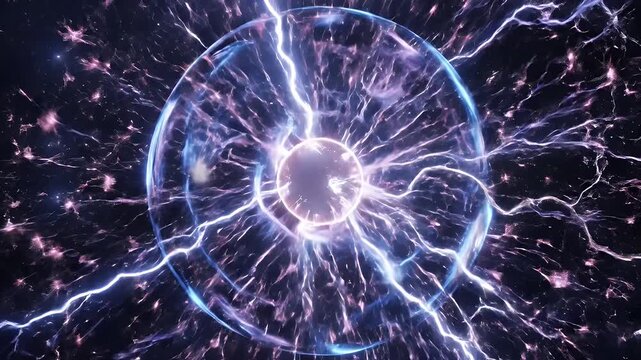 Electric Energy Ball With Lightning Storm Effect - A visually striking abstract of a glowing electric energy ball with lightning bolts radiating outwards in a dark, cosmic background.