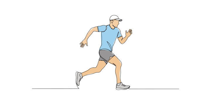 A young man wearing a cap and sportswear running fast in a continuous single line drawing style