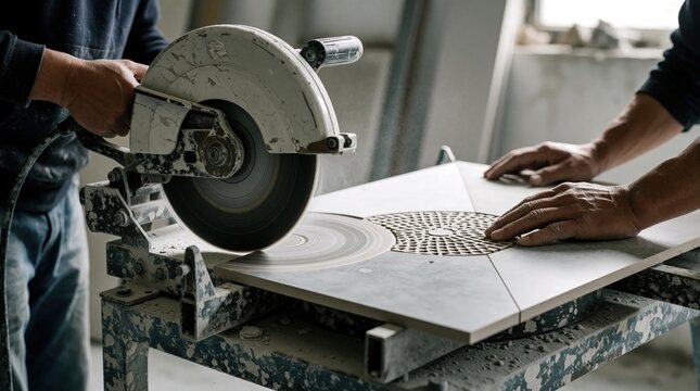 Builder cuts large ceramic tile with circular saw. Craftsman prepares material for floor tiling installation. Worker shapes tile on table saw indoors.