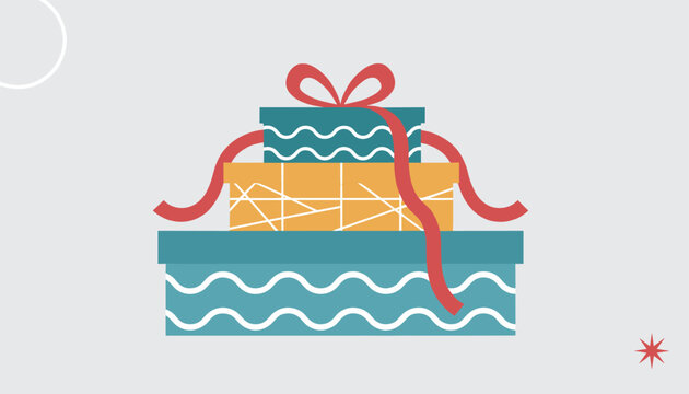 Stack of three beautifully wrapped gift boxes decorated with wavy stripes and a red ribbon on a gray backdrop.