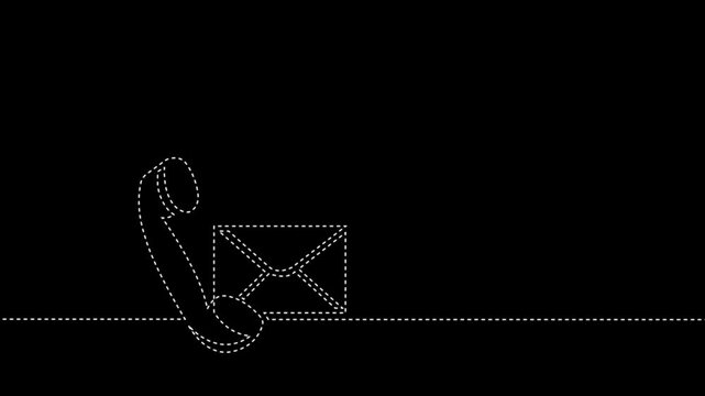 Continuous One Line and Dashed Line Phone Receiver and Mail Envelope Animation - Contact Us Concept Isolated on Yellow, White, Black, and Green Screen Chroma Key Backgrounds