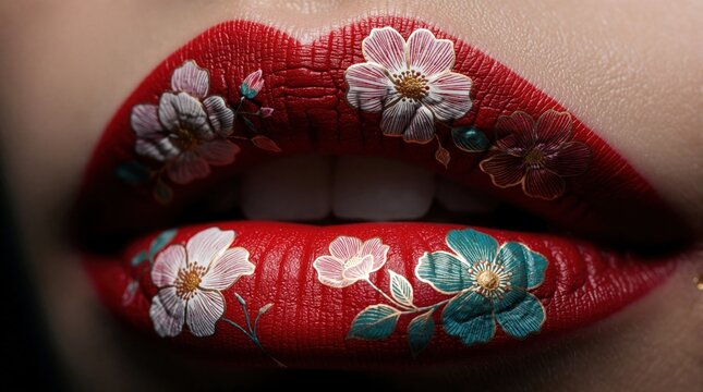 Red lips feature detailed floral pattern makeup with gold accents. Woman mouth with artistic lip art. Beautiful creative beauty concept for cosmetic ads. Elegant lip design.
