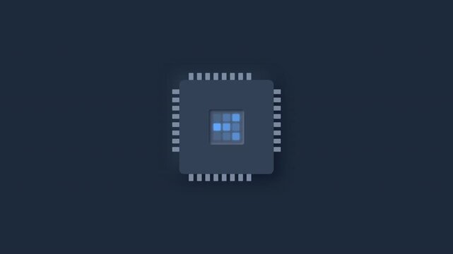 Computer processor CPU chip icon animation on dark background
