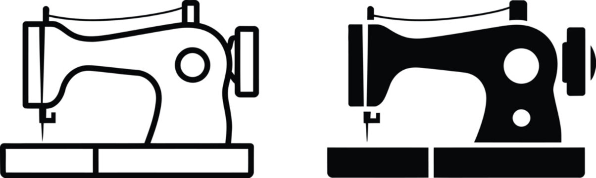 Sewing Machine Icon Set featuring black and white sewing machine symbols, tailoring equipment, textile production, fashion design tools, and editable vector illustrations.