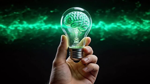 Hand holding light bulb with brain inside