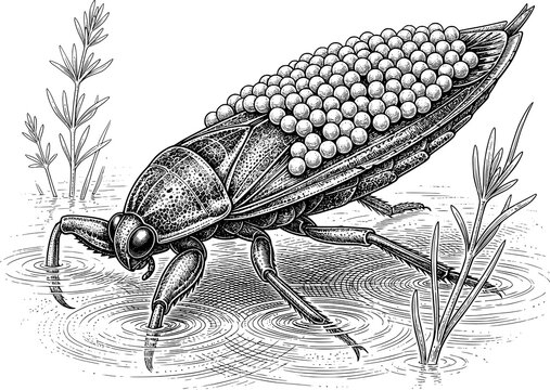 Giant Water Bug on Rocky Shore, Hand Drawn Black and White Engraving Style Insect Illustration