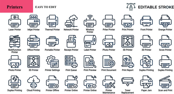 Collection of printer icons various types and functions easy to edit stroke editable outline symbols for digital design concept business technology equipment set.