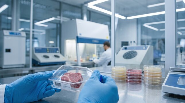 Scientist examining cultivated meat sample in a modern food technology laboratory