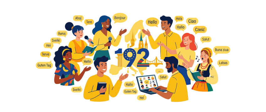 Diverse people communicating in multiple languages with speech bubbles