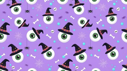 Fototapeta premium Cute Spooky Eyeball and Witch Hat Seamless Pattern