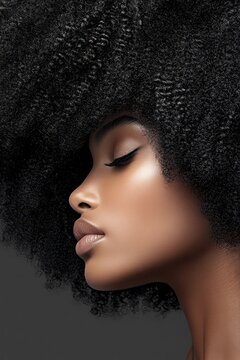 Beautiful woman with voluminous natural coily hair in elegant profile. Serene expression, eyes closed. Dark skin shows radiant glow. Textured afro hairstyle.