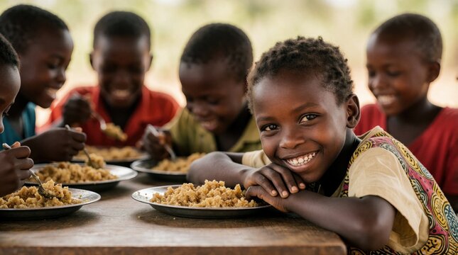 Happy African children eating grain meal together at wooden table. Small kids enjoy lunch in rural village community school. Group of poor boys girls smile food portions in plates. Authentic daily