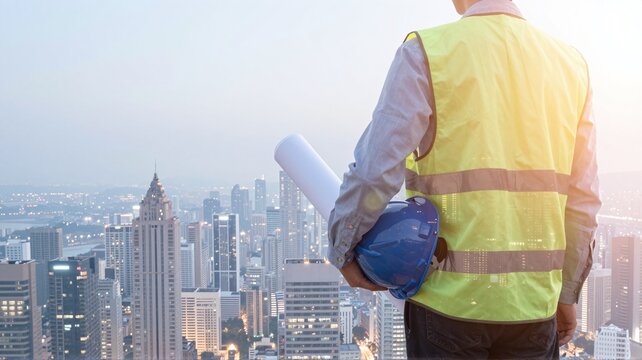 Civil engineer holding helmet overlooking city skyline.