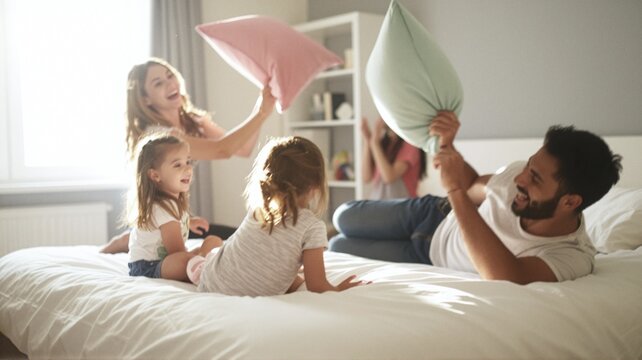Family having pillow fight on bed in bedroom