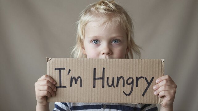 Little boy holding a sign that says I'm Hungry. Poverty and hunger concept. Social issues.