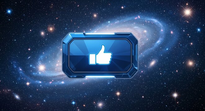 Like button floating in outer space with bright stars and galactic nebula