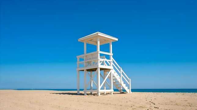White wooden lifeguard tower on a sandy beach under a clear blue sky with ocean horizon