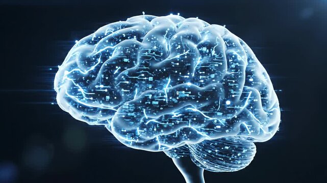 Luminous Digital Brain with Glowing Connections - A transparent, glowing blue digital brain pulsates with illuminated internal connections and circuits against a dark background.
