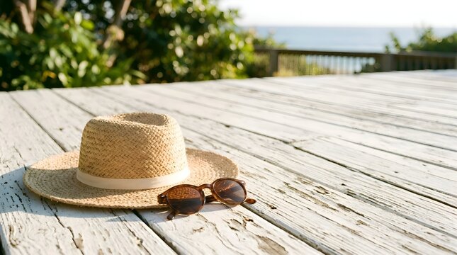 Straw sun hat and sunglasses on weathered white wooden table with coastal ocean background