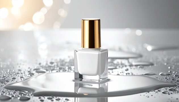 Premium white nail polish bottle with metallic gold cap, glossy water-dropped surface, luxury beauty product. Close-up.