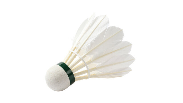 A white feather shuttlecock with green base isolated on a clean white background for badminton