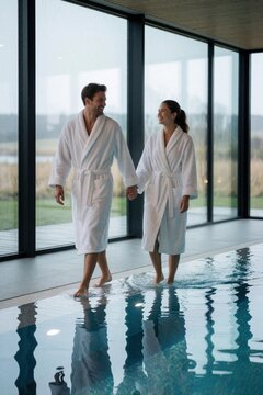 Couple in white robes walks hand-in-hand near indoor pool. People enjoy spa wellness hotel luxury vacation by water. Relaxing leisure time together, romantic getaway trip.