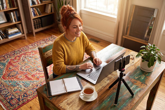Content creator shares money advice while working at home with a laptop setup 