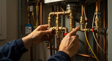 Fototapeta premium Technician Adjusting Copper Plumbing Pipes in Utility Room