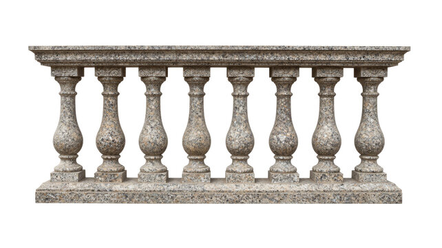 Granite balustrade with ornate balusters isolated on white background