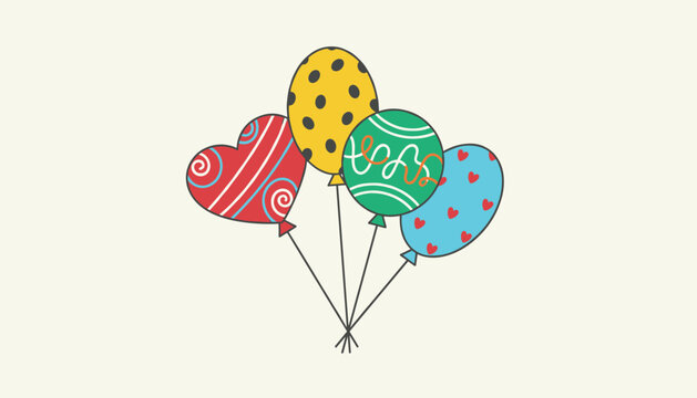 Bunch of four decorated helium balloons featuring colorful patterns of polka dots and hearts floats on a light cream background.