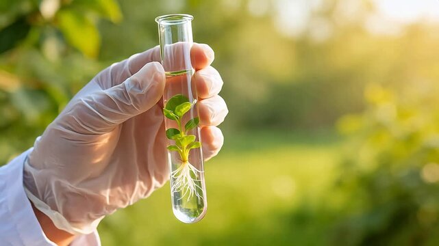 Hand holding test tube with plant