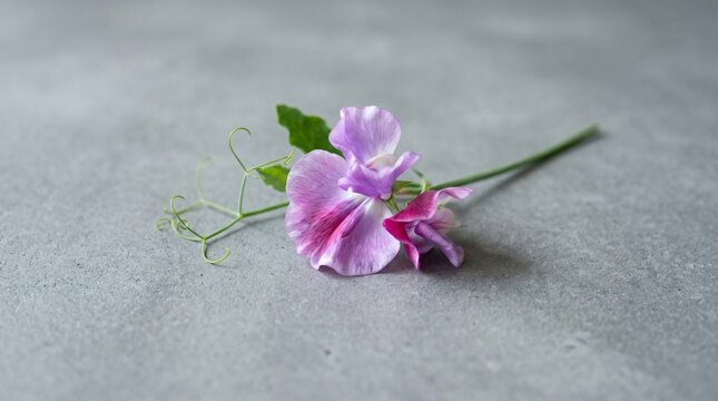 Pink sweet pea flower on gray concrete background. Minimalist floral composition with single blooming plant. Botany and nature concept for greeting card design or spring wall decor.