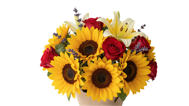 A vibrant and cheerful flower arrangement featuring bright sunflowers, red roses, and white lilies