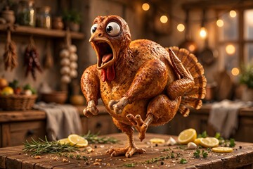 An animated Thanksgiving turkey with a comical, screaming expression, standing on a rustic wooden table surrounded by lemons and herbs, ready for a festive feast © Sami Ullah