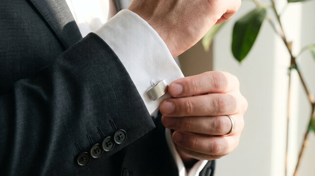 Businessman hands adjusting silver cufflink on suit