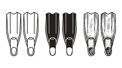 Diving Fins (Flippers) Icons in Outline, Solid Black, and Hand-Drawn Sketch Styles © KirST