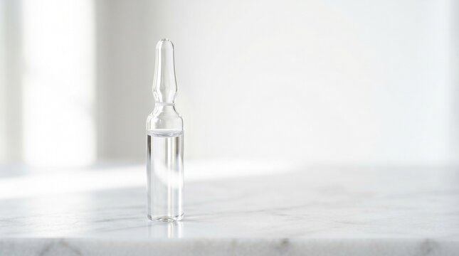 Clear liquid in a glass ampoule on a marble surface with soft light