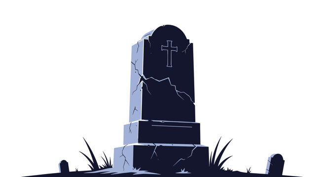 Cracked ancient gravestone stands on a grassy hill under a gloomy dark sky in a spooky halloween graveyard setting.