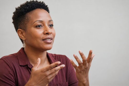 Close up woman speaking with expressive hand gestures