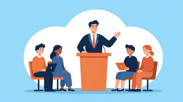 Flat design illustration of a man giving a presentation to an audience