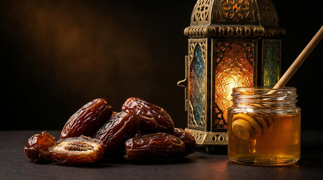 Premium Still Life of Sweet Dates, Glass Jar of Pure Honey and Glowing Islamic Lantern for Ramadan Kareem and Eid Mubarak Celebration.