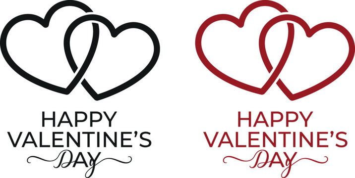 Happy valentines day lettering with intertwined heart icons in black and red