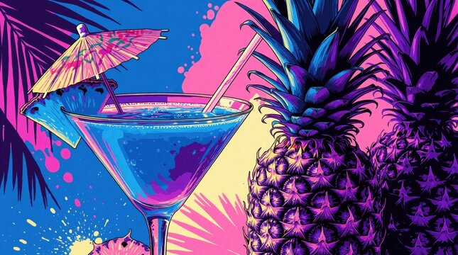 Vibrant pop art illustration of tropical pineapple cocktail. Blue drink with paper umbrella garnish sits next to fresh yellow fruits. Neon colors palm leaves background create retro holiday vibe.
