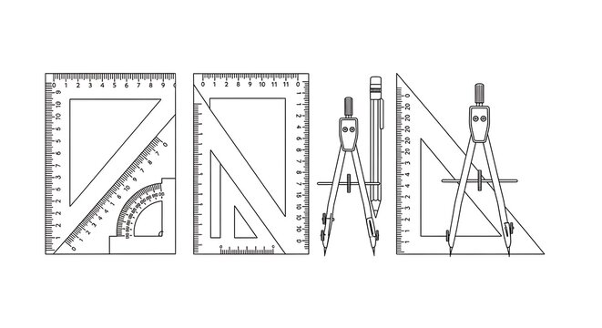 Vector illustration of drafting tools including triangles, ruler, compass, and protractor