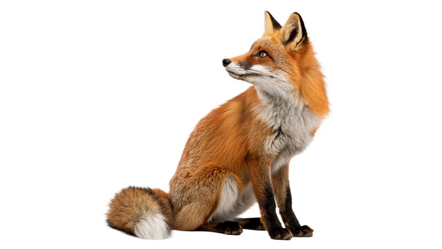 Wild orange red fox sitting down alert profile isolated on transparent background