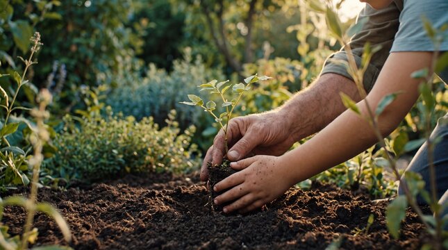 Generations planting a seedling together in a garden symbolizing growth and learning